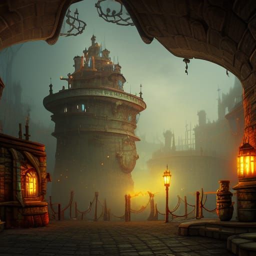 Fantasy Steampunk Prison in Detailed Matte Painting