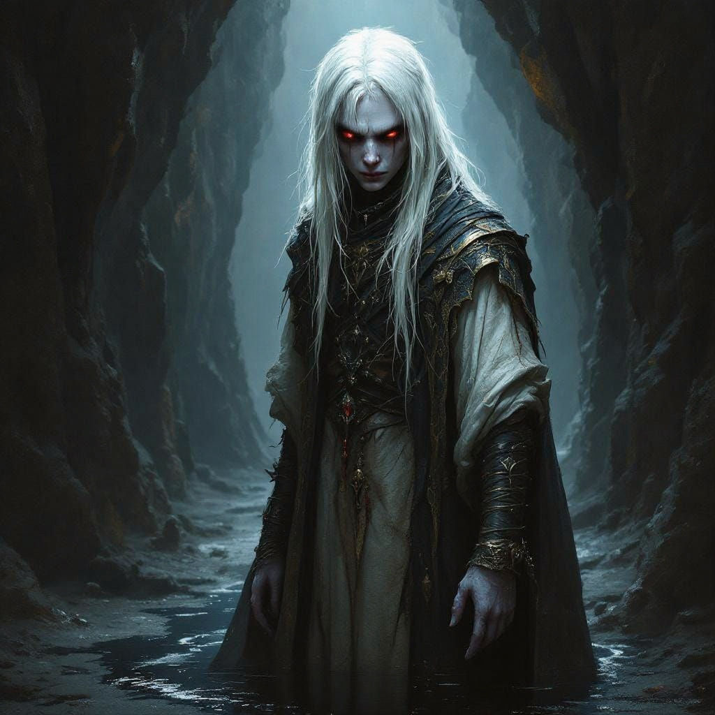 Albino Drow in Cave: Tenebristic Oil Realism