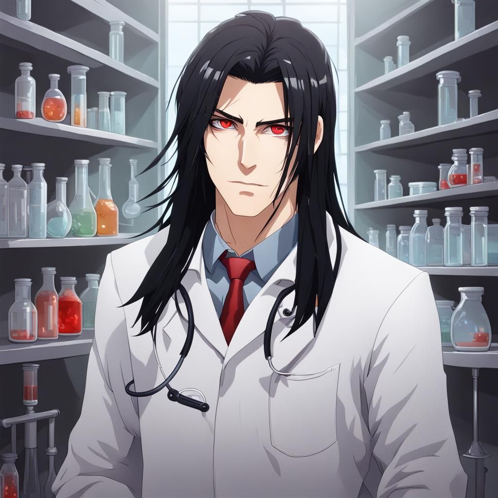 Young Scientist with Red Eyes in Lab