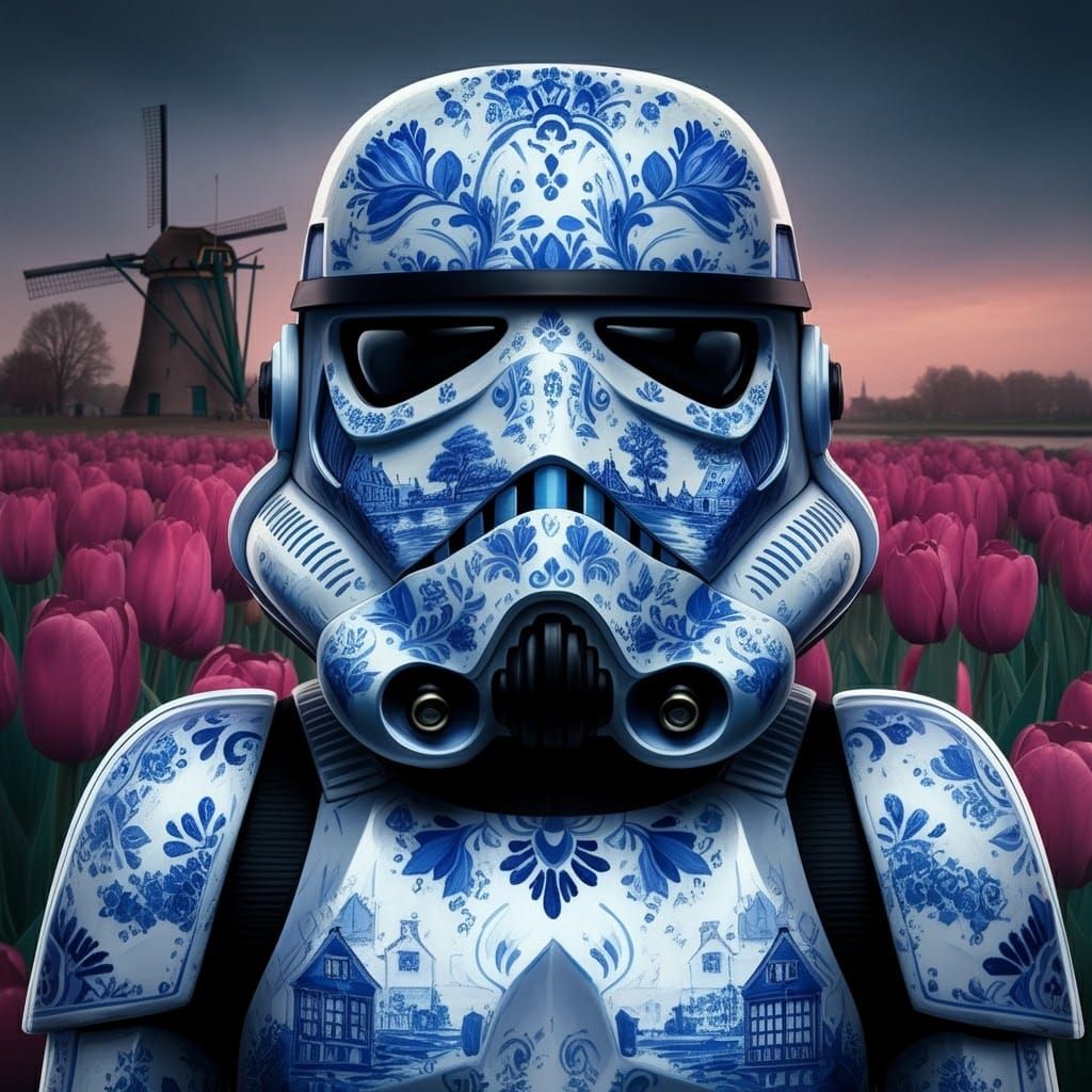 Delft Blue Stormtrooper with Tulips, Photorealistic