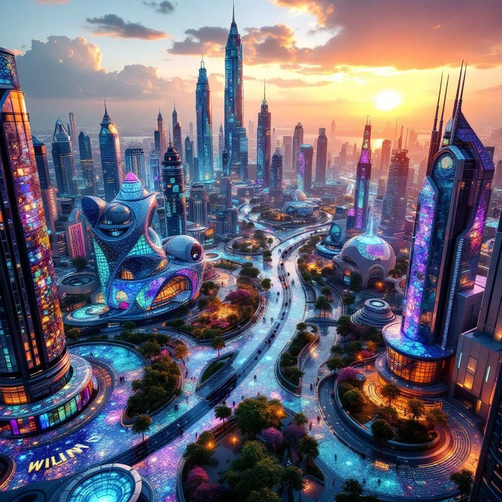Futuristic Mosaic Cityscape at Golden Hour