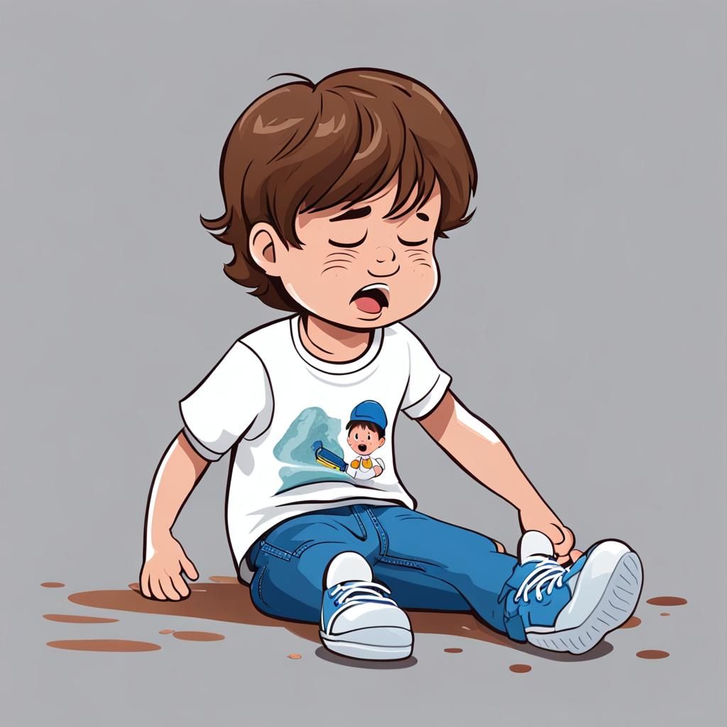 Cartoon Boy Crying on the Ground
