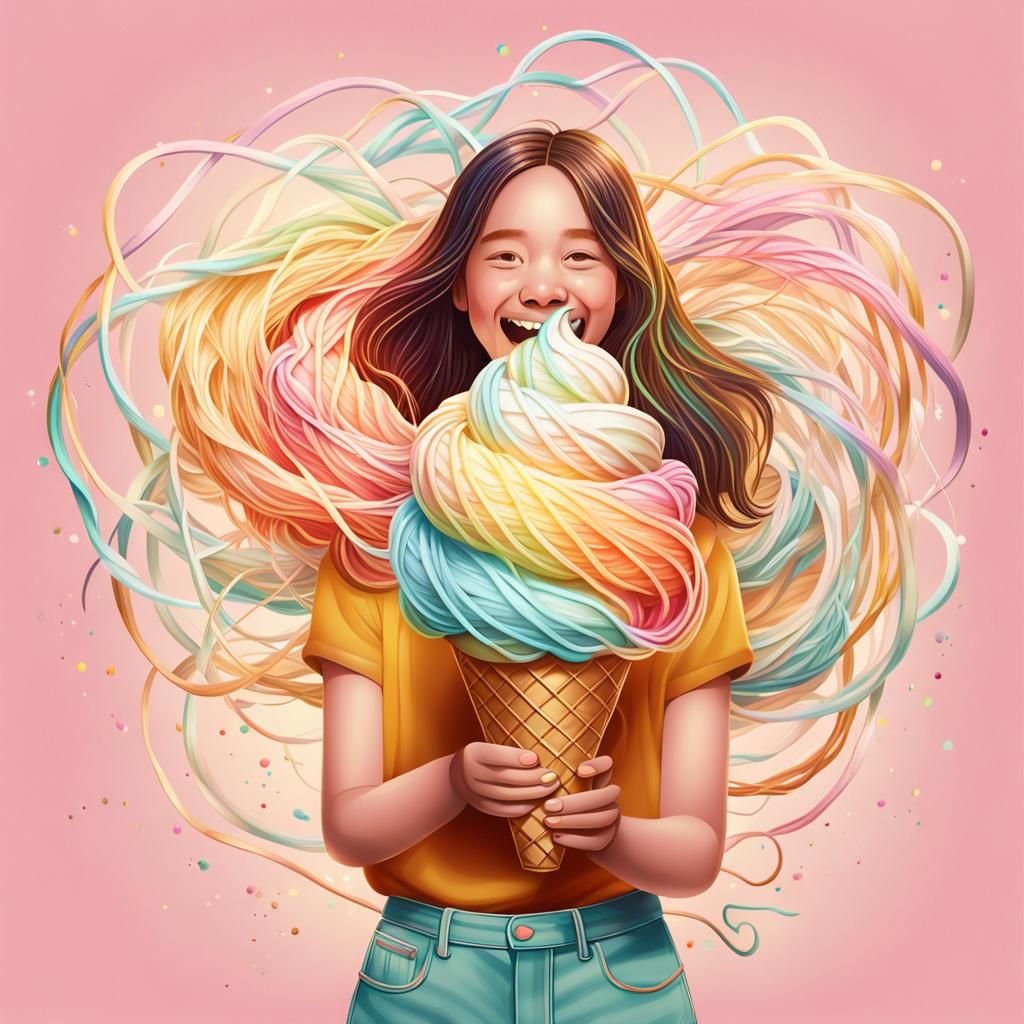 Girl with Whimsical String Ice Cream, 8K Illustration