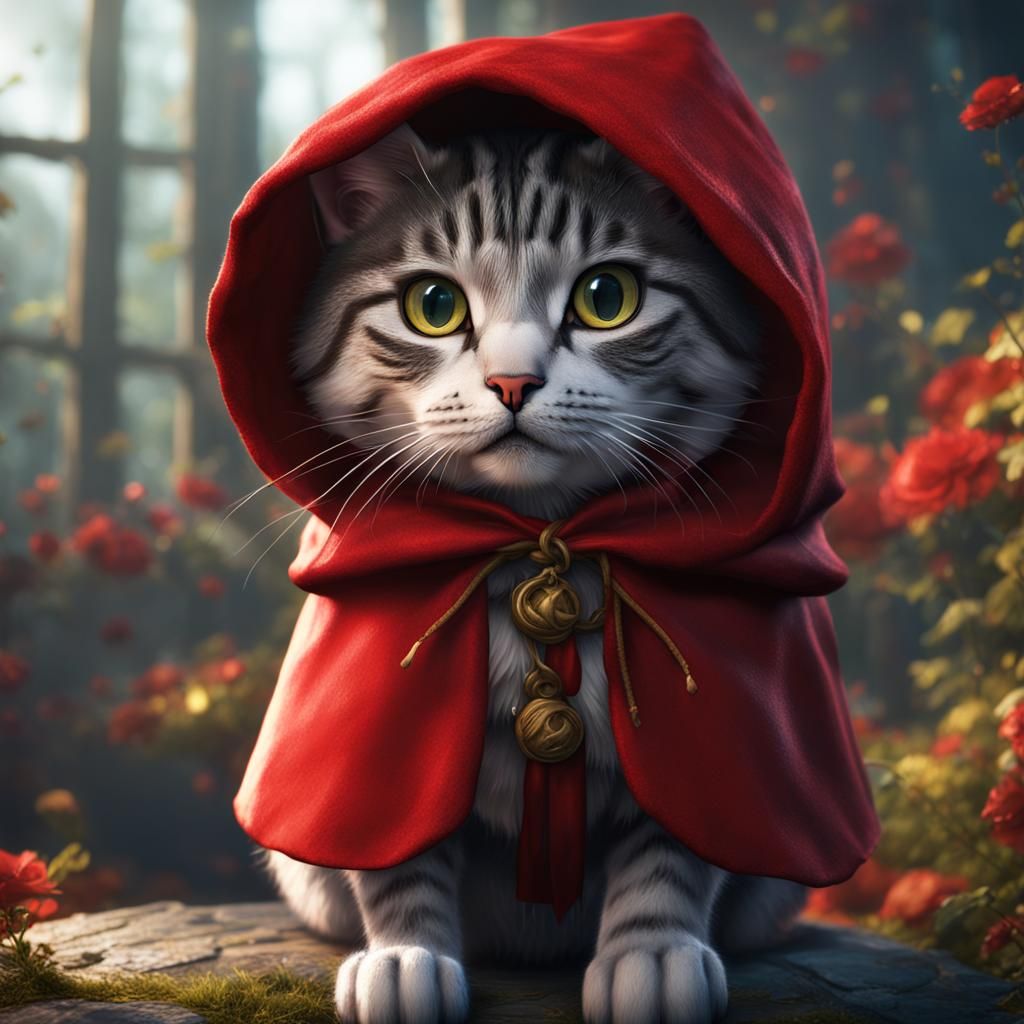 Cat as Little Red Riding Hood: Fantasy Concept Art