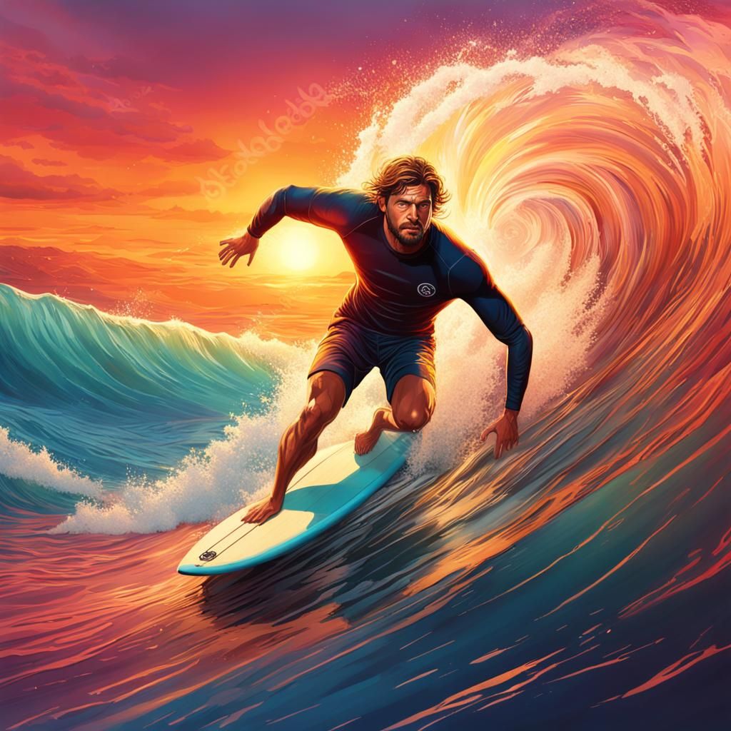 Hyperrealistic Surfer Rides Wave at Sunset