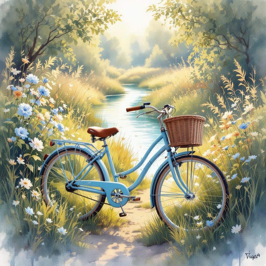 Vintage Bicycle in Meadow: Digital Watercolor Painting
