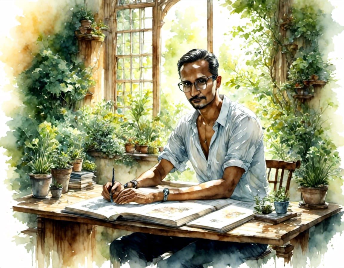 Watercolor Painting of Poet in Garden