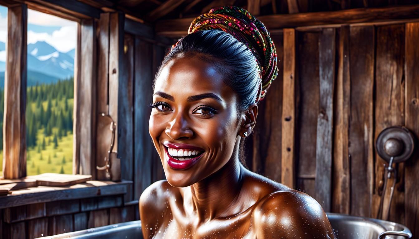 Photorealistic Portrait: Girl Bathing in Cabin