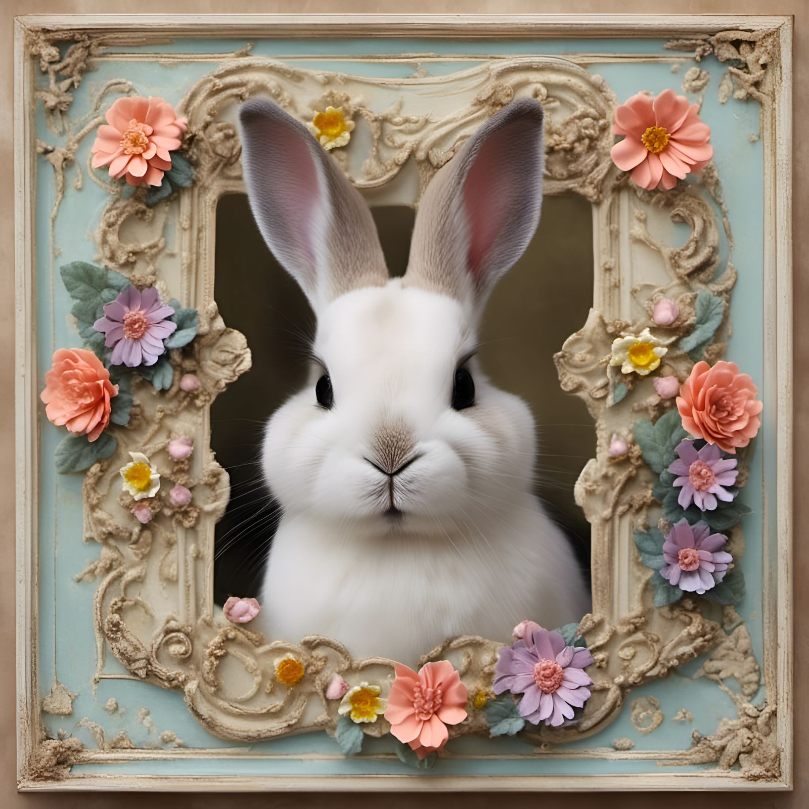 Bunny in Floral Frame: Whimsical AI Art