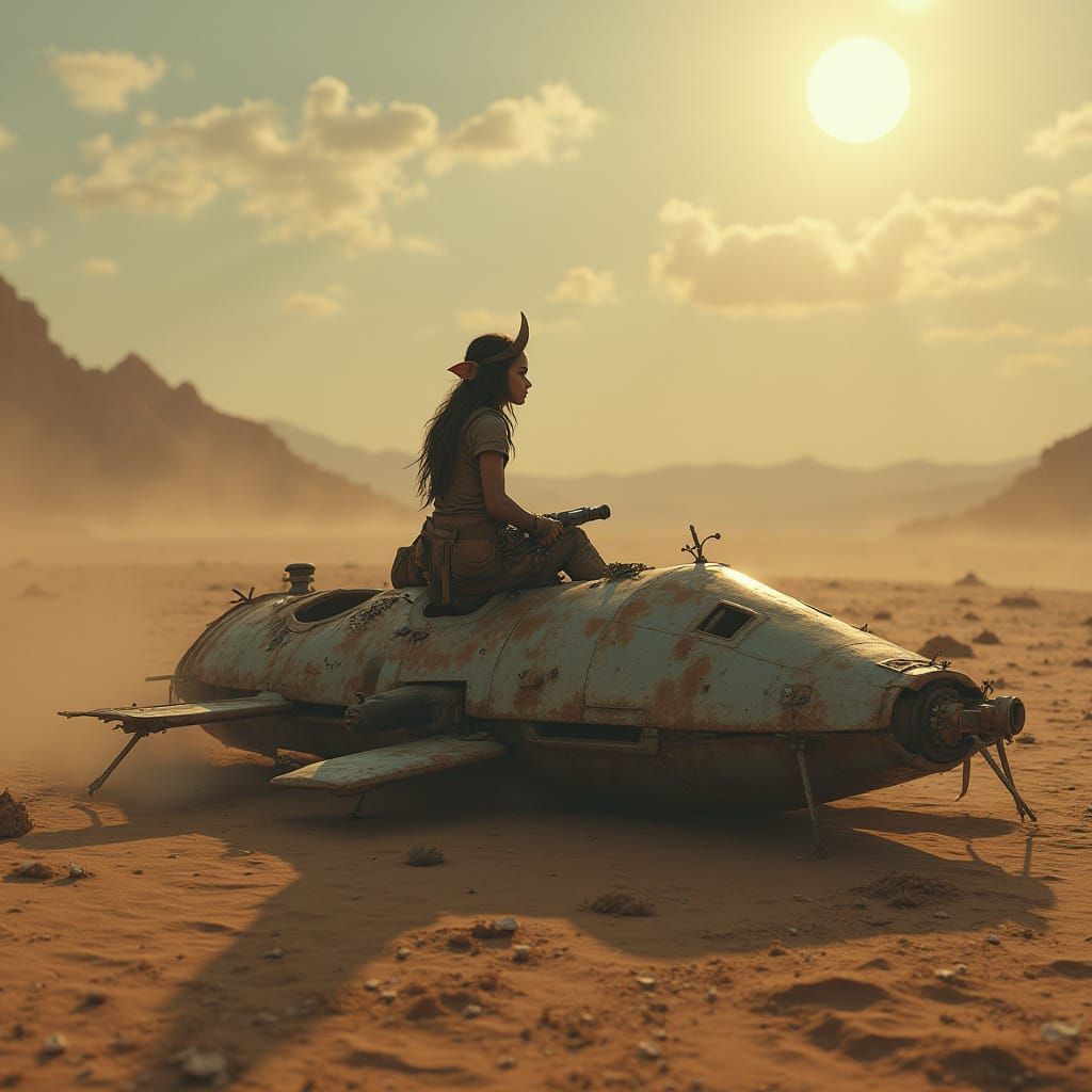 Goblin Girl on Abandoned Hovercraft in Desert Wasteland