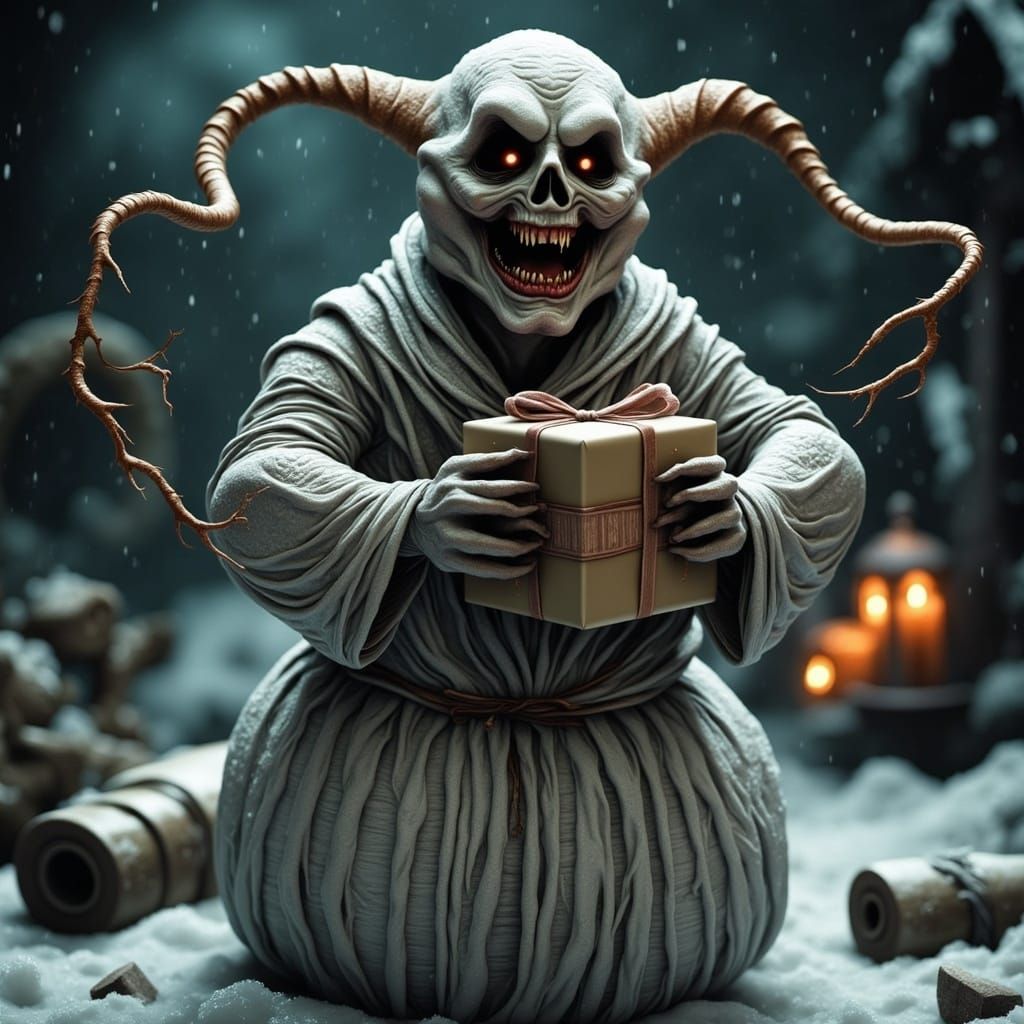 Evil Snowman Unwraps Cursed Packages in a Dark Winter Scene