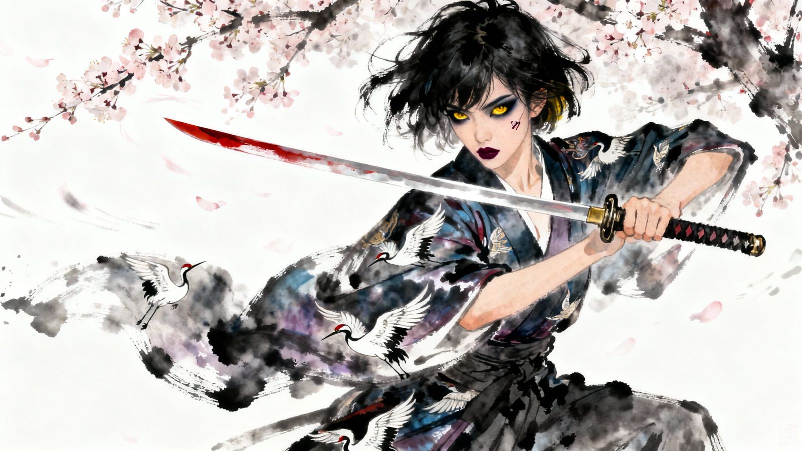 Warrior Woman in Japanese Ink Wash Style