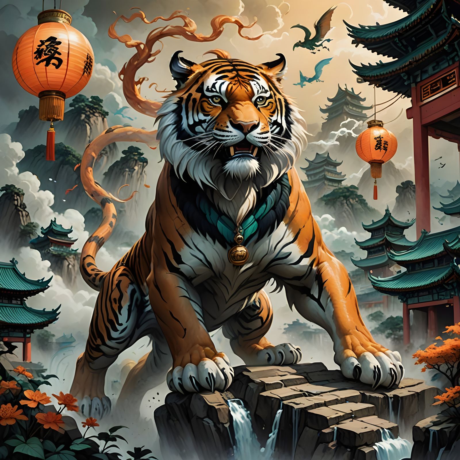 Celestial Tiger Battles Dragon in Ancient Chinese Skies