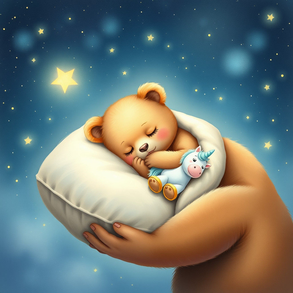 Baby Bear Asleep in Starry Sky, Watercolor Style