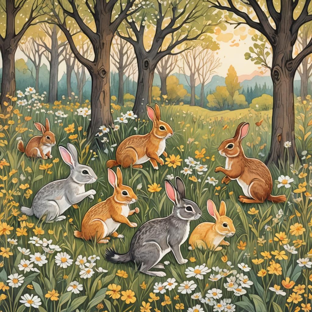Springtime Meadow: Rabbits and Squirrels in Art Deco Woodcut