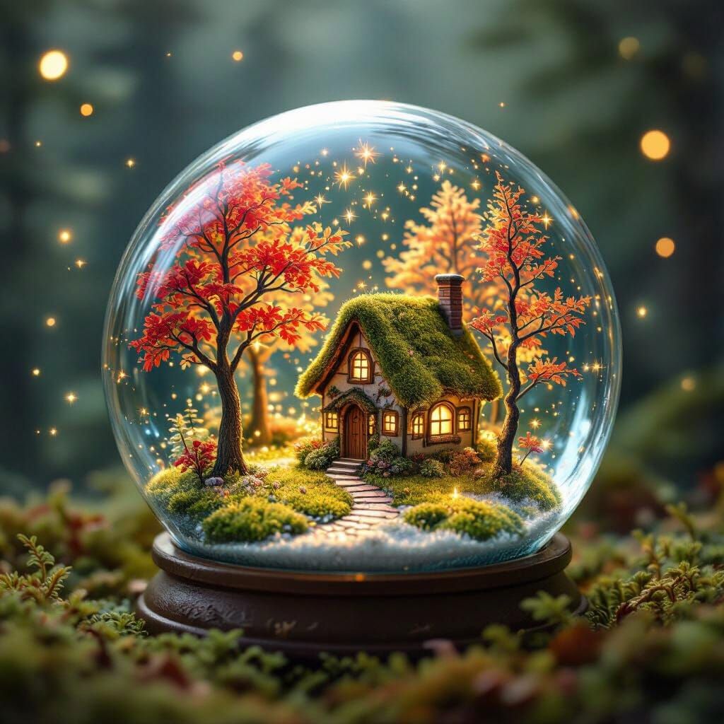 Enchanted Forest Snow Globe with Mossy Cottage