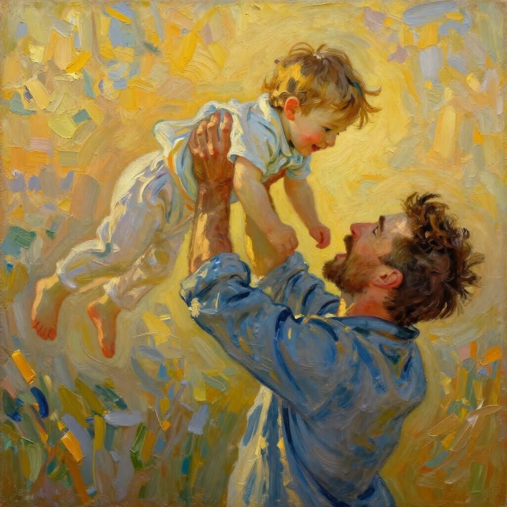 Father Lifts Child In Joyful Embrace Oil Painting