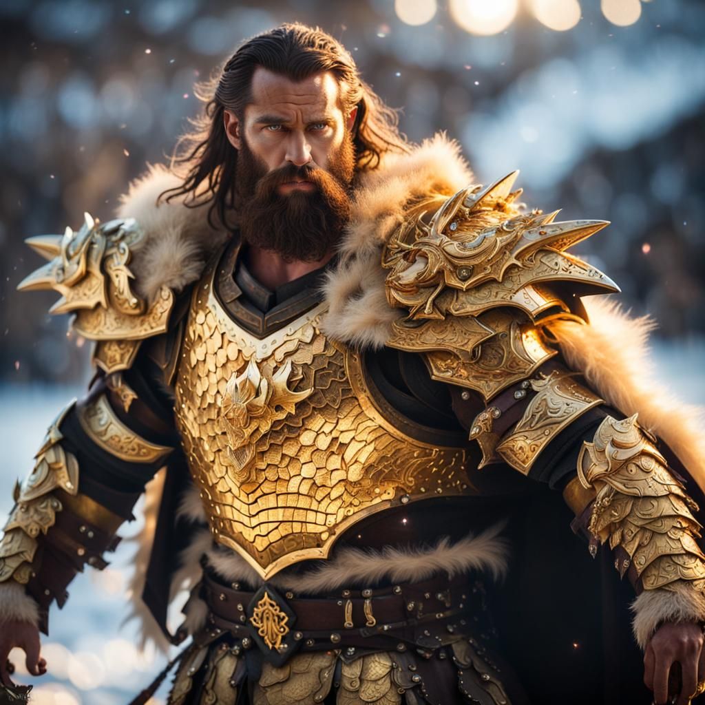 Barbarian King in Golden Dragon Armor, Professional Photogra...