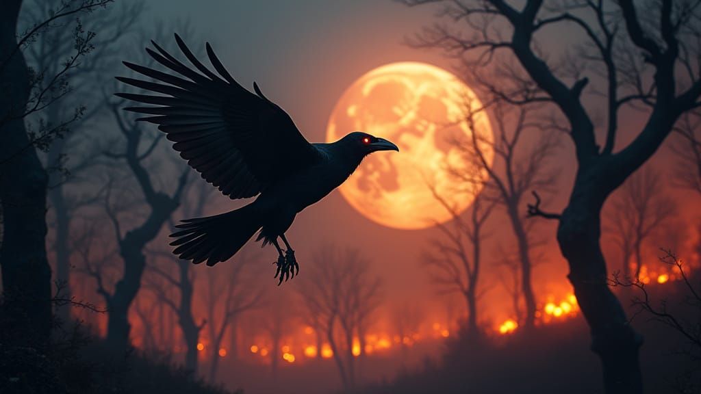 Majestic Raven Soars Through Burning Forest in Moonlit Infer...