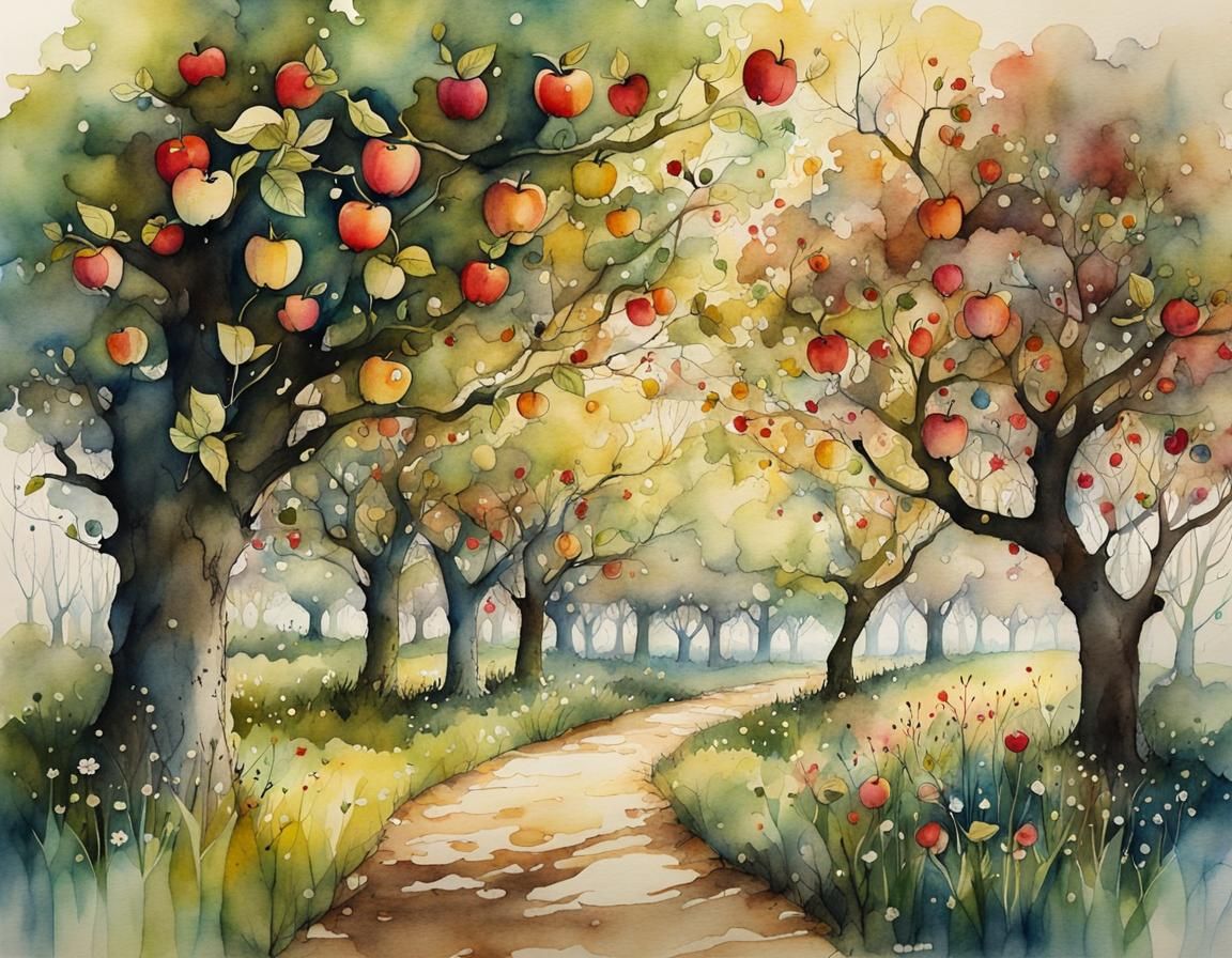 Magical Springtime Apple Grove Illustration