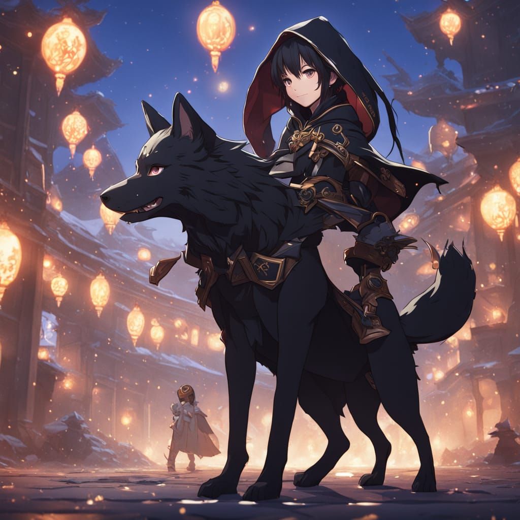 Anime Girl Rides a Wolf with Glowing Orbs