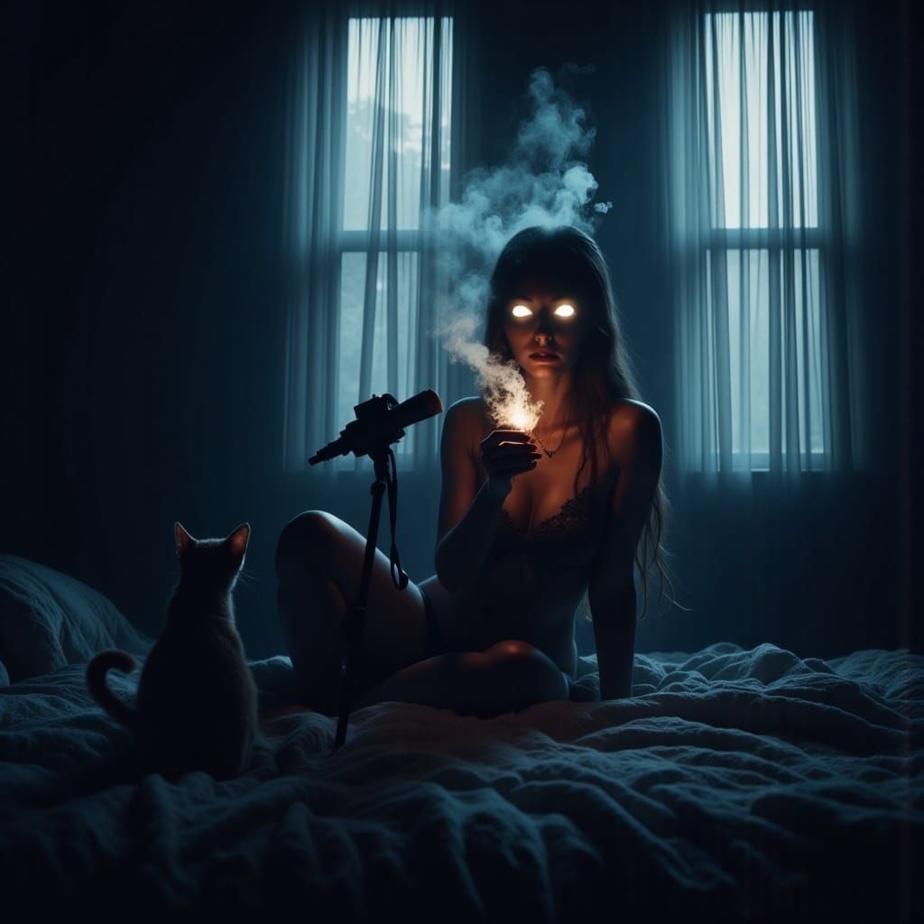Woman in Moonlit Bedroom, Speaking into a Microphone with a...