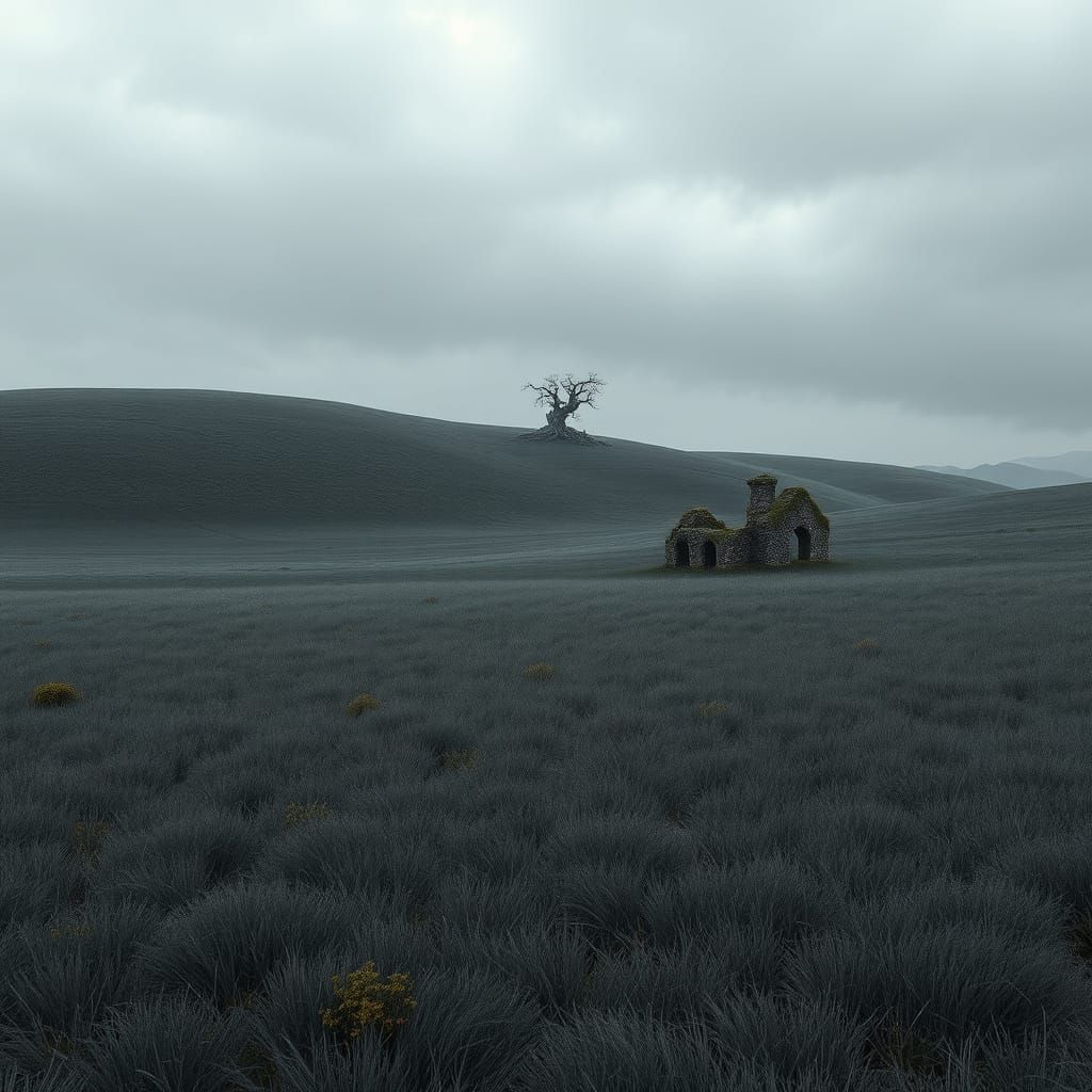 Ethereal Grey Landscape with Ancient Ruins and Twisted Tree