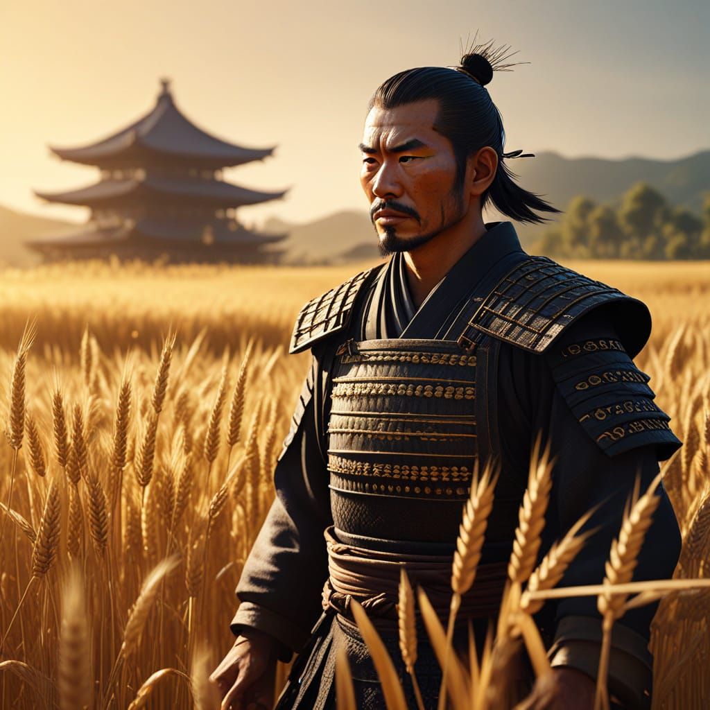 Zen Samurai in Golden Light, Surrounded by Swaying Wheat