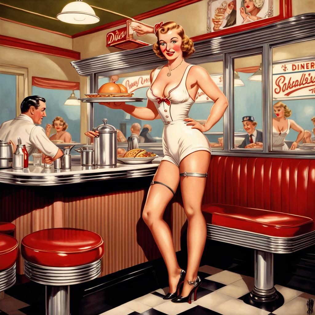 1930s Pin-Up Waitress in Hyperrealistic Diner Scene
