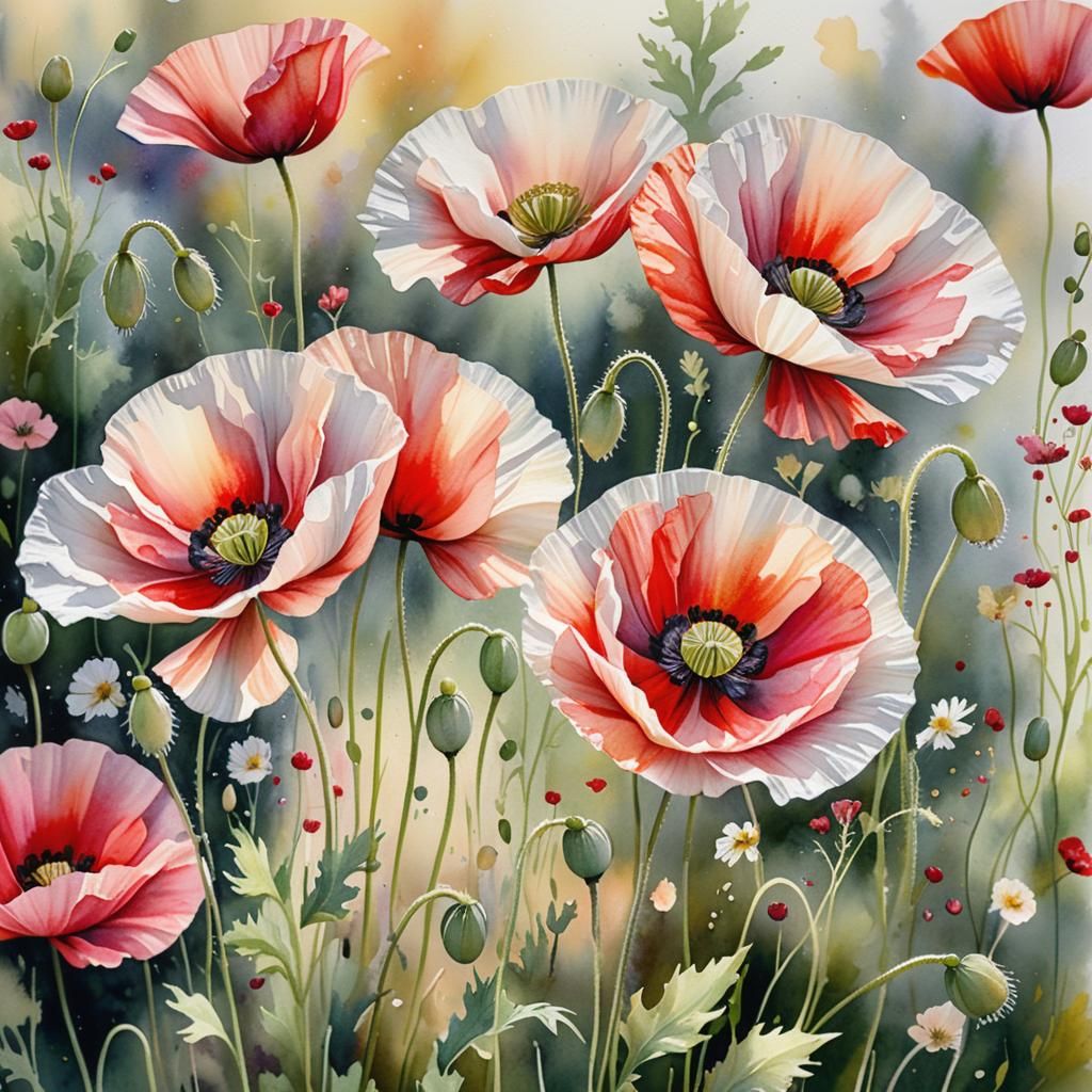 Lush Poppies in Watercolor Botanical Art