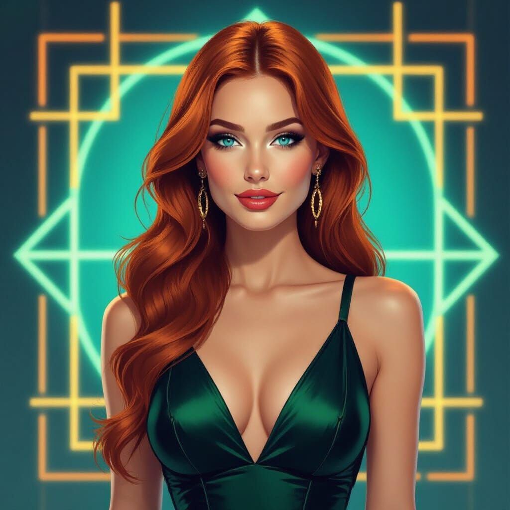 Auburn-Haired Woman with Neon Backdrop in Art Deco Style