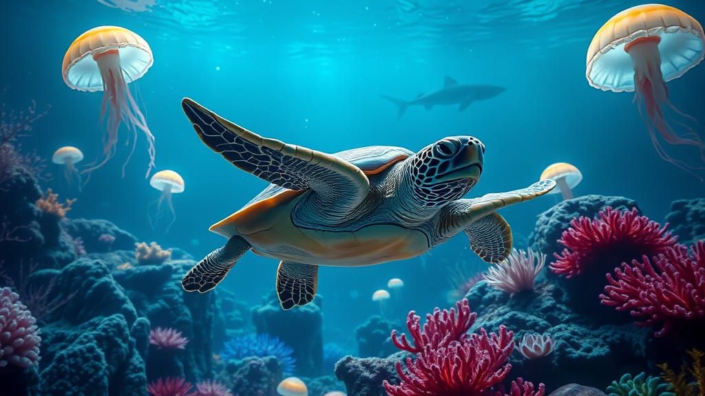 Majestic Sea Turtle in Photorealistic Underwater Scene