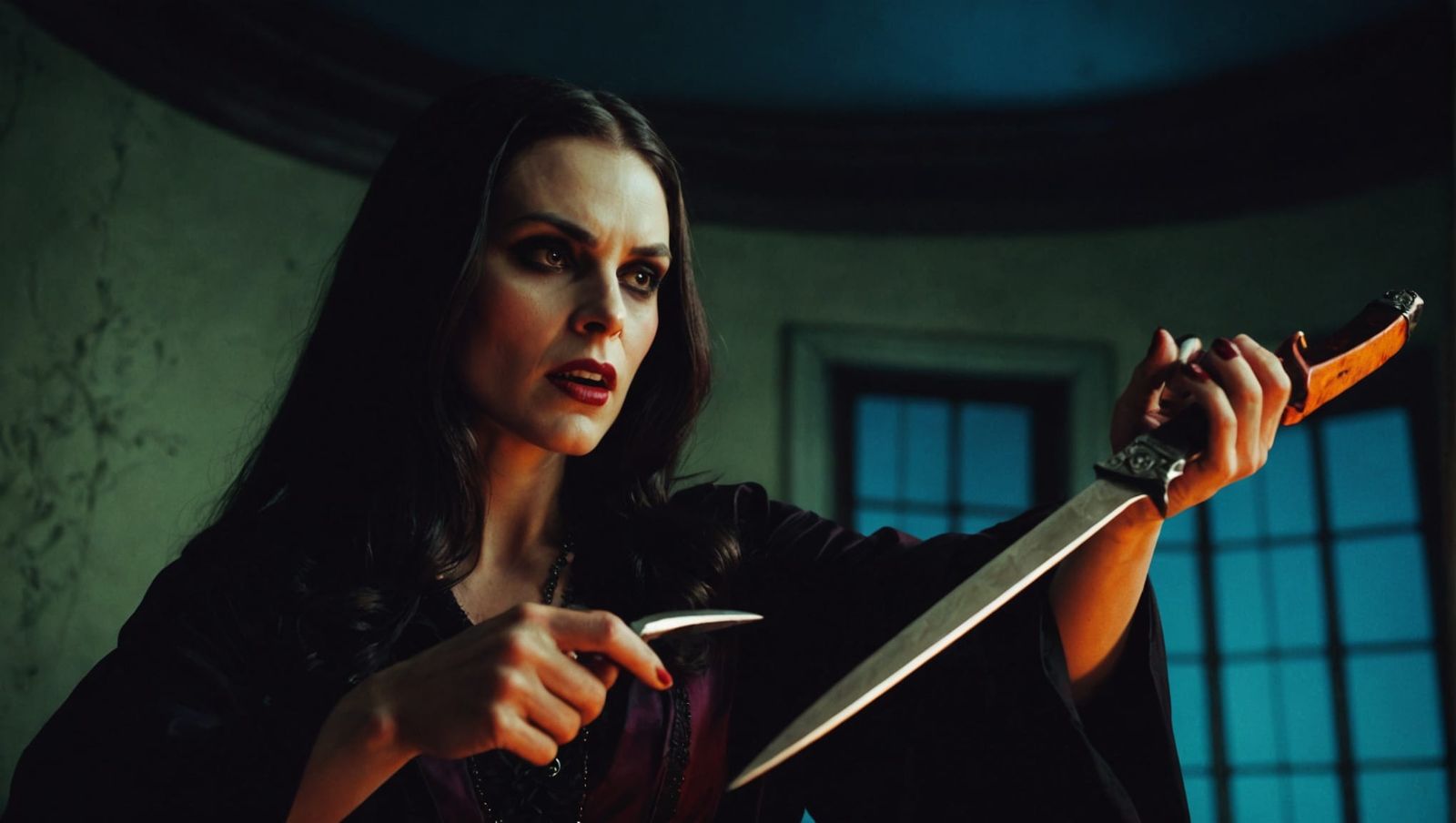 Lady Vampiress with Knife in Cinematic Vivid Colors