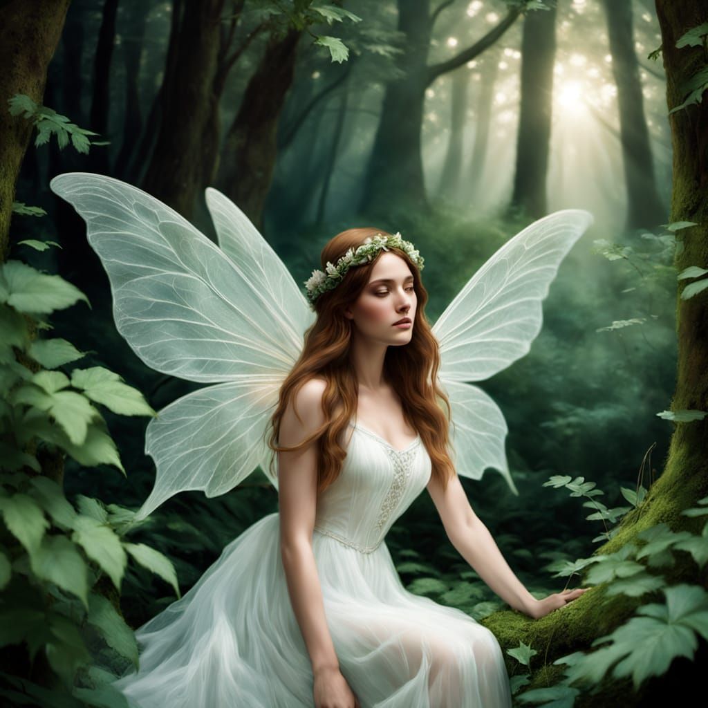 Fairy Guards Sleeping Woman in Enchanted Forest Oil Painting