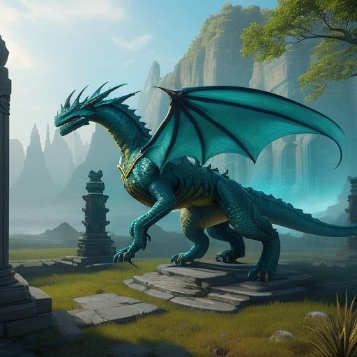 Dragon Soaring Through Mystical Temple in Digital Art