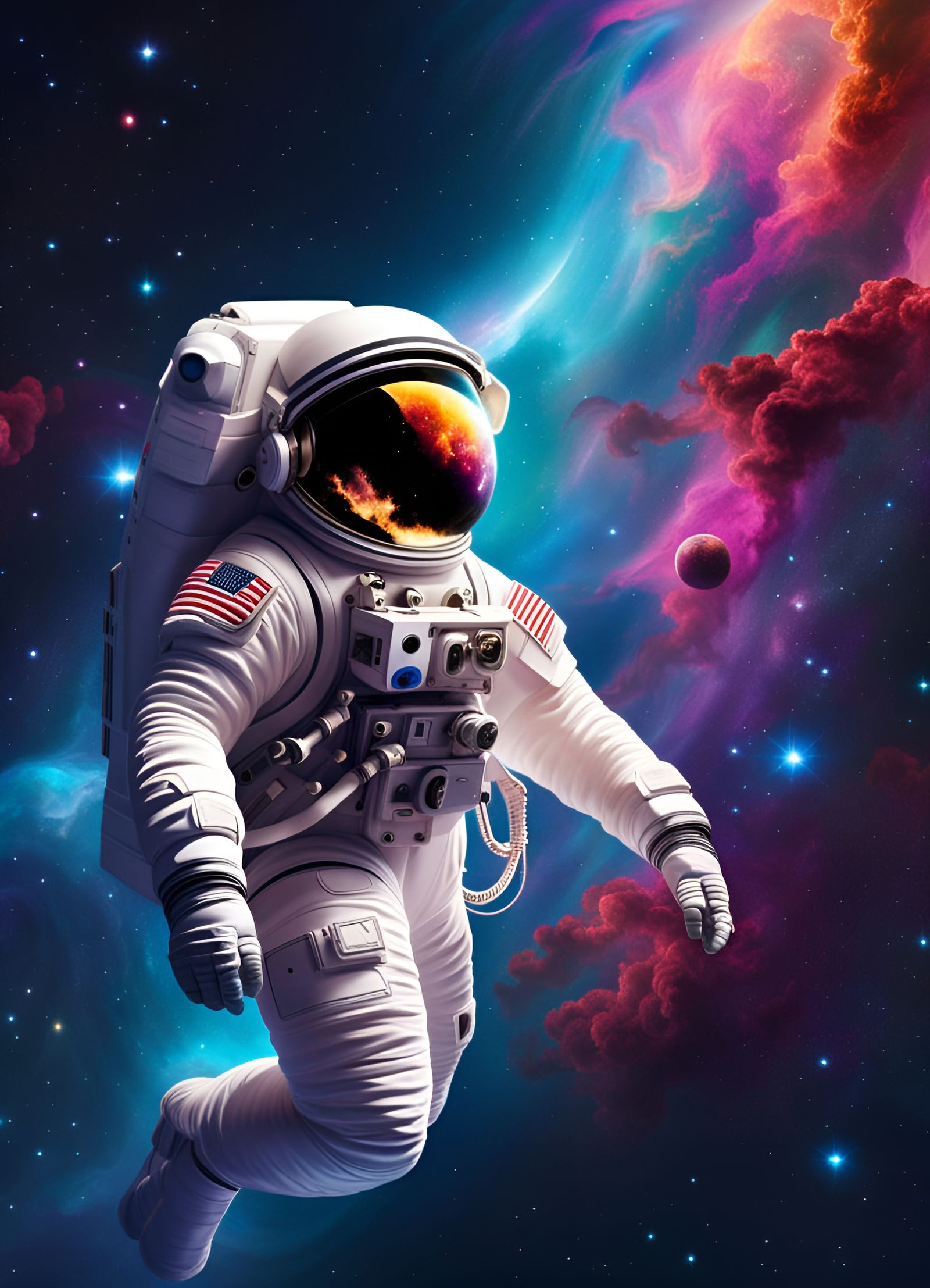 Astronaut Floating in Deep Space with Nebula