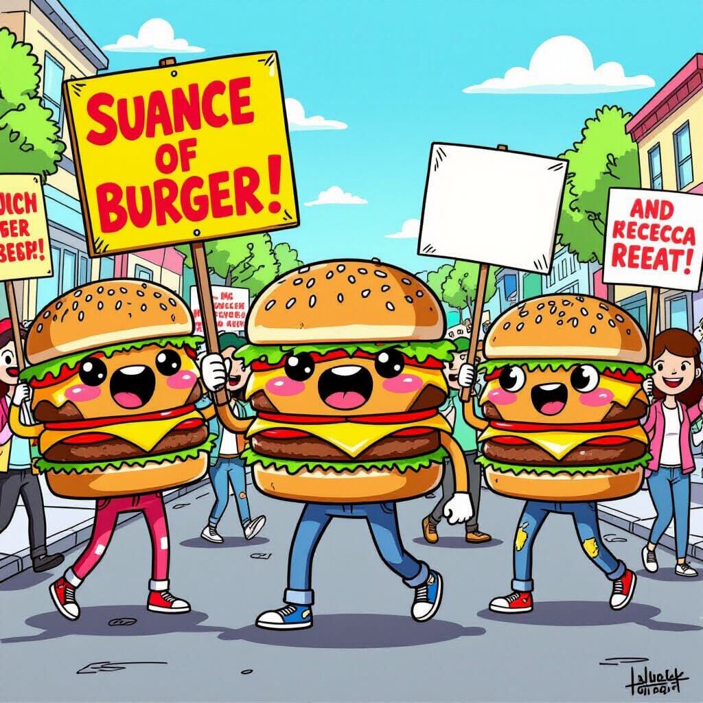 Cartoon Burger Protest in Tartakovsky Style