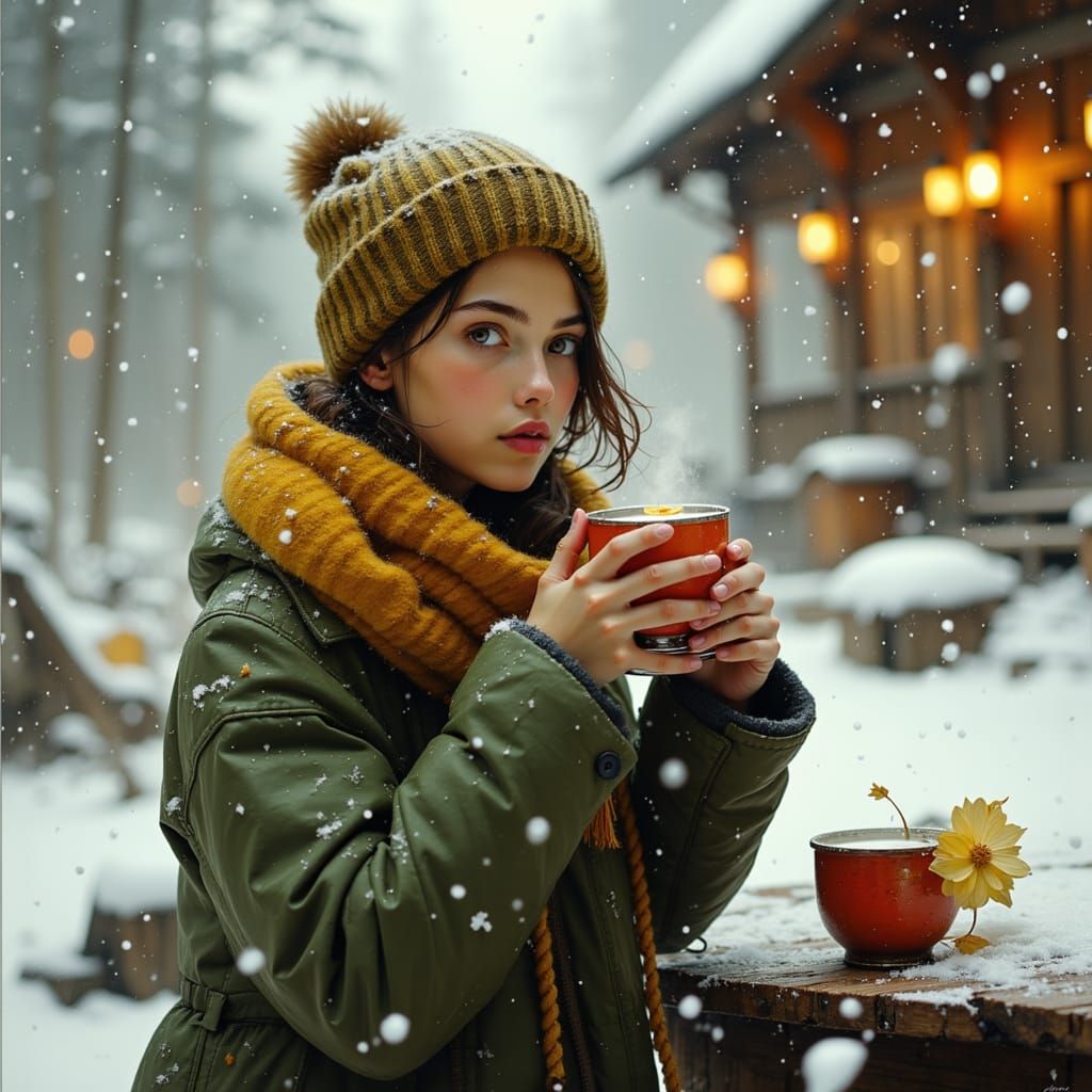 Woman Enjoys Hot Drink in Snowy Winter Day