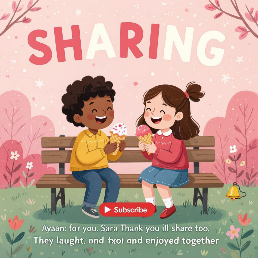 Children Sharing Ice Cream, Illustrated Wholesome Style