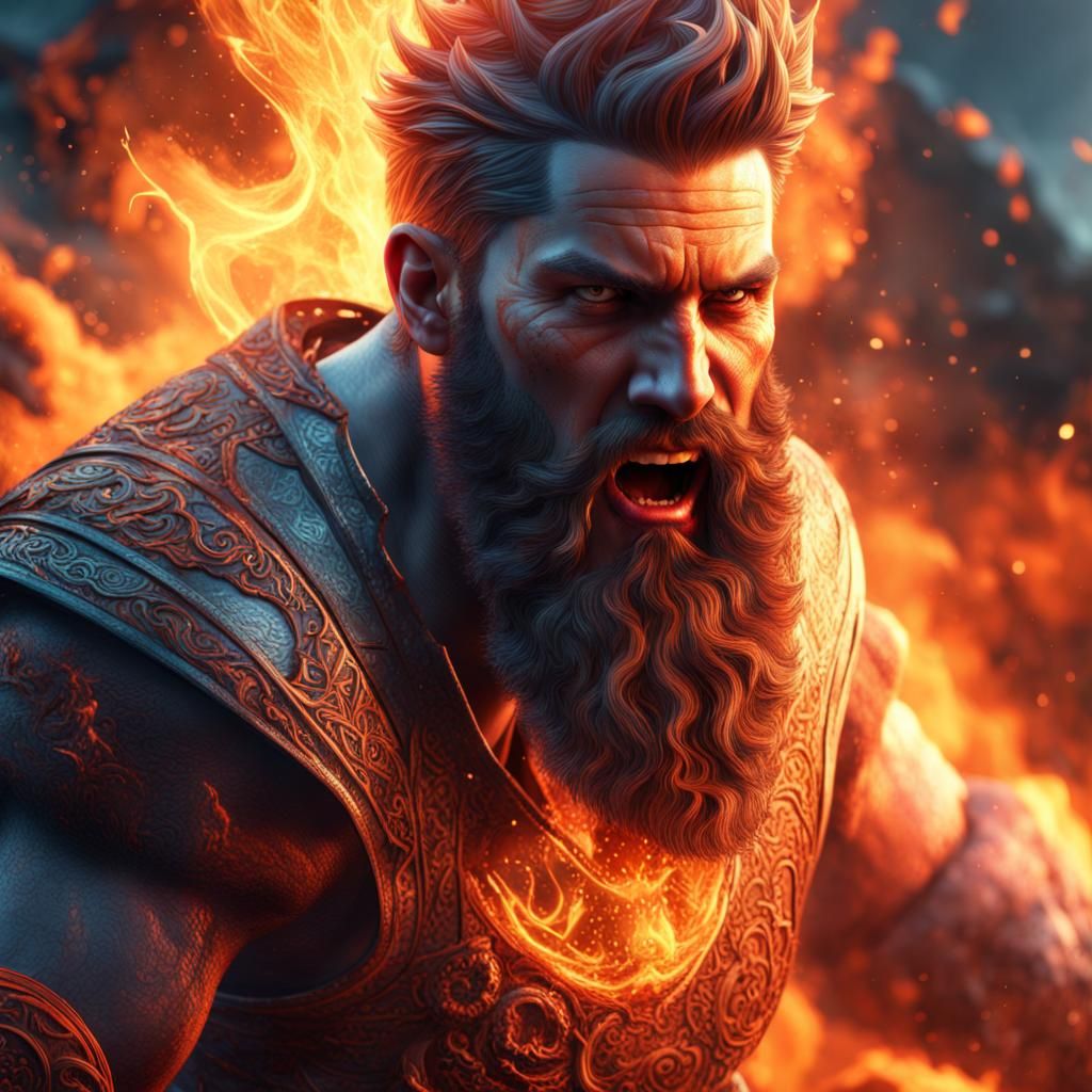 Raging Fire Genasi Man: Detailed Matte Painting