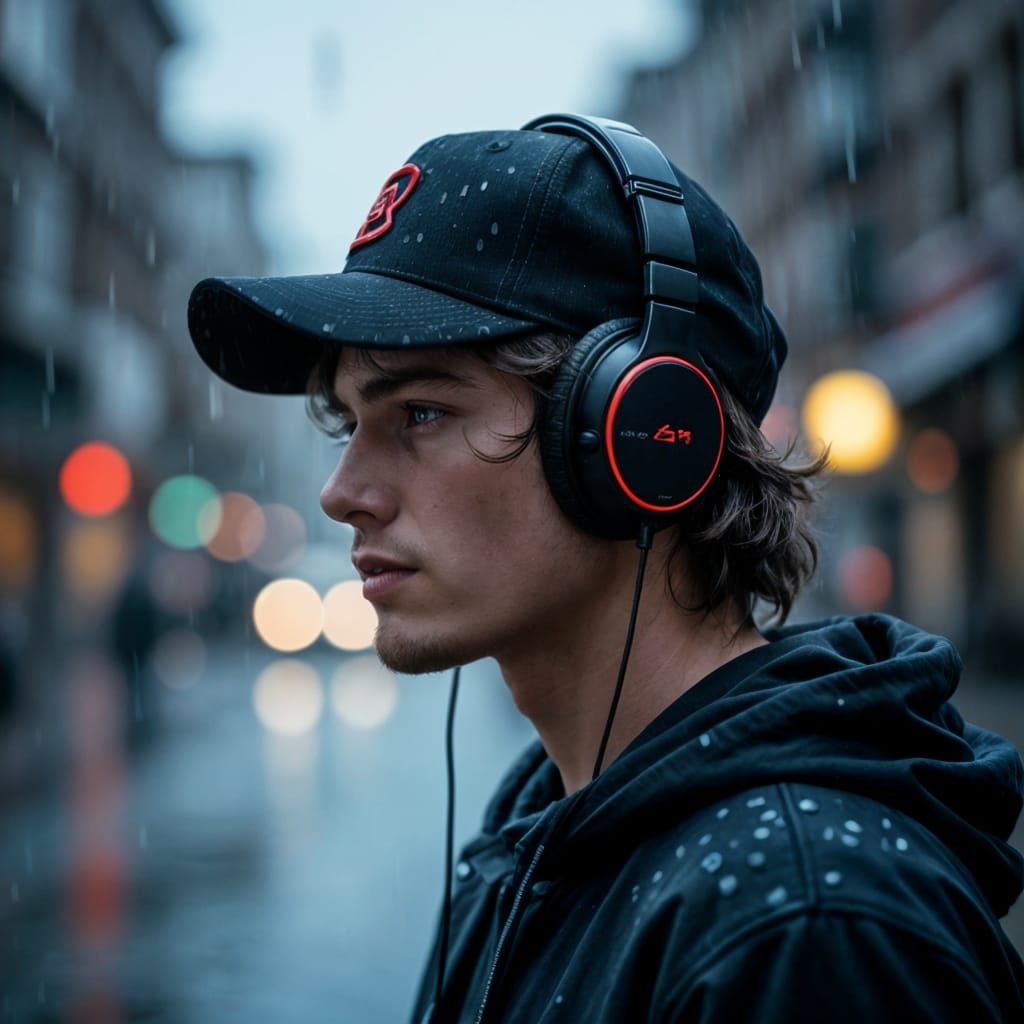 Melancholic Young Man in Rainy, Cinematic Style
