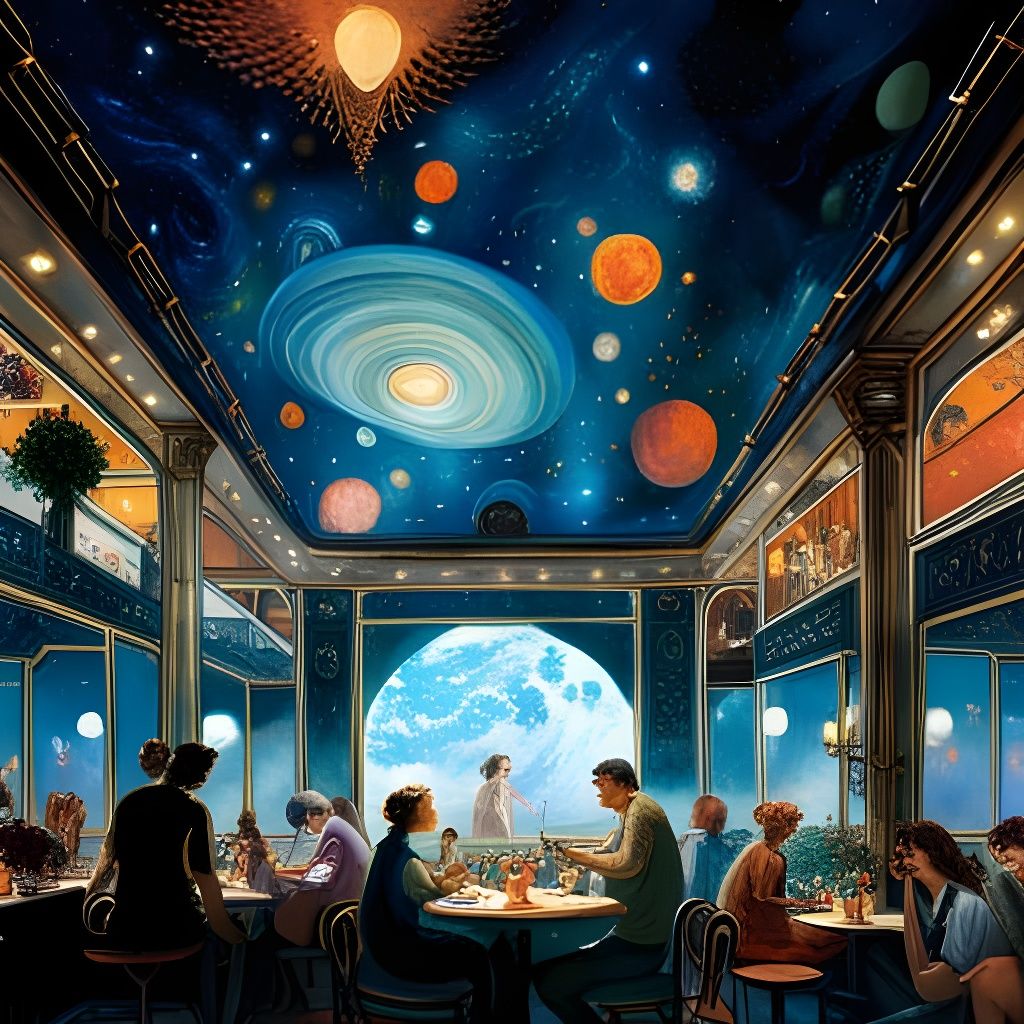 Whimsical Nightcafe with Glowing Stars in Art Nouveau Style