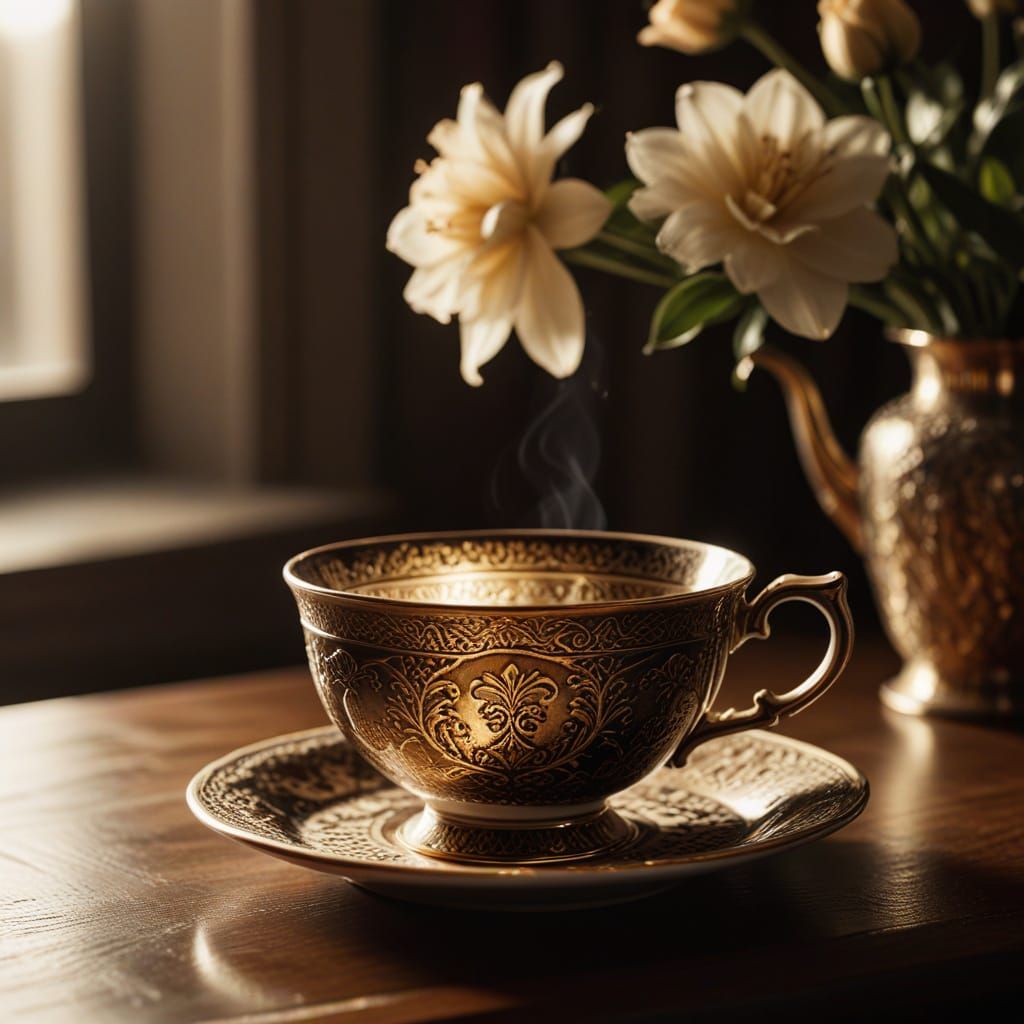 Elegant Sepia-Toned Tea Cup in Film Noir Style