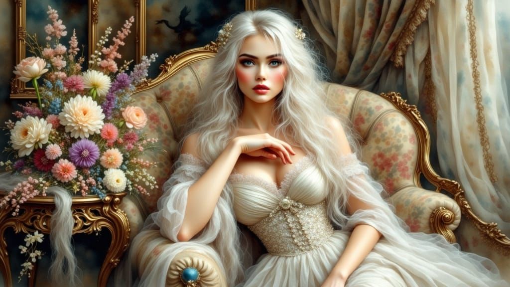 Elegant Woman Lost in Thought, Antique Watercolor Style