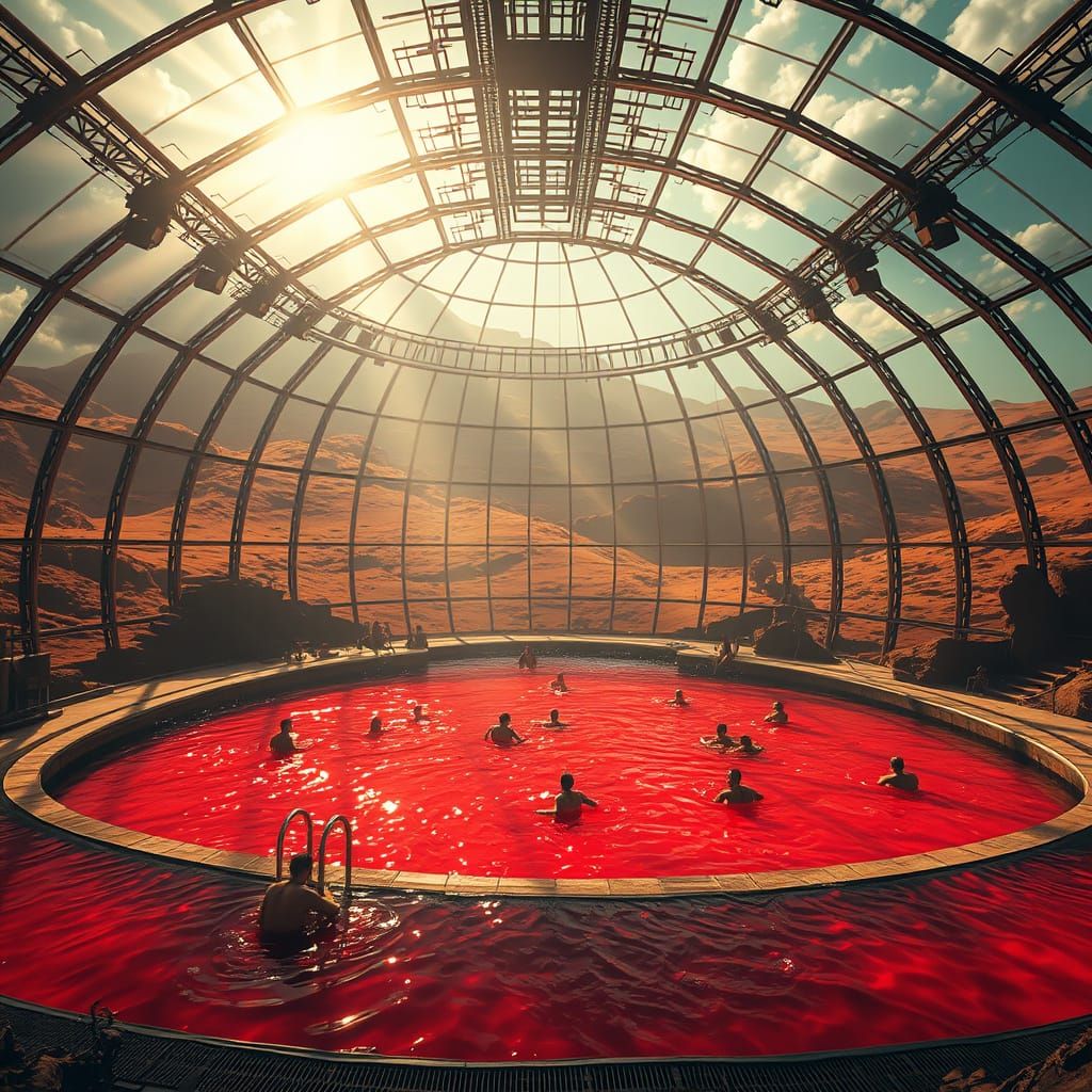 Glass Dome Pool on Mars with Swimmers