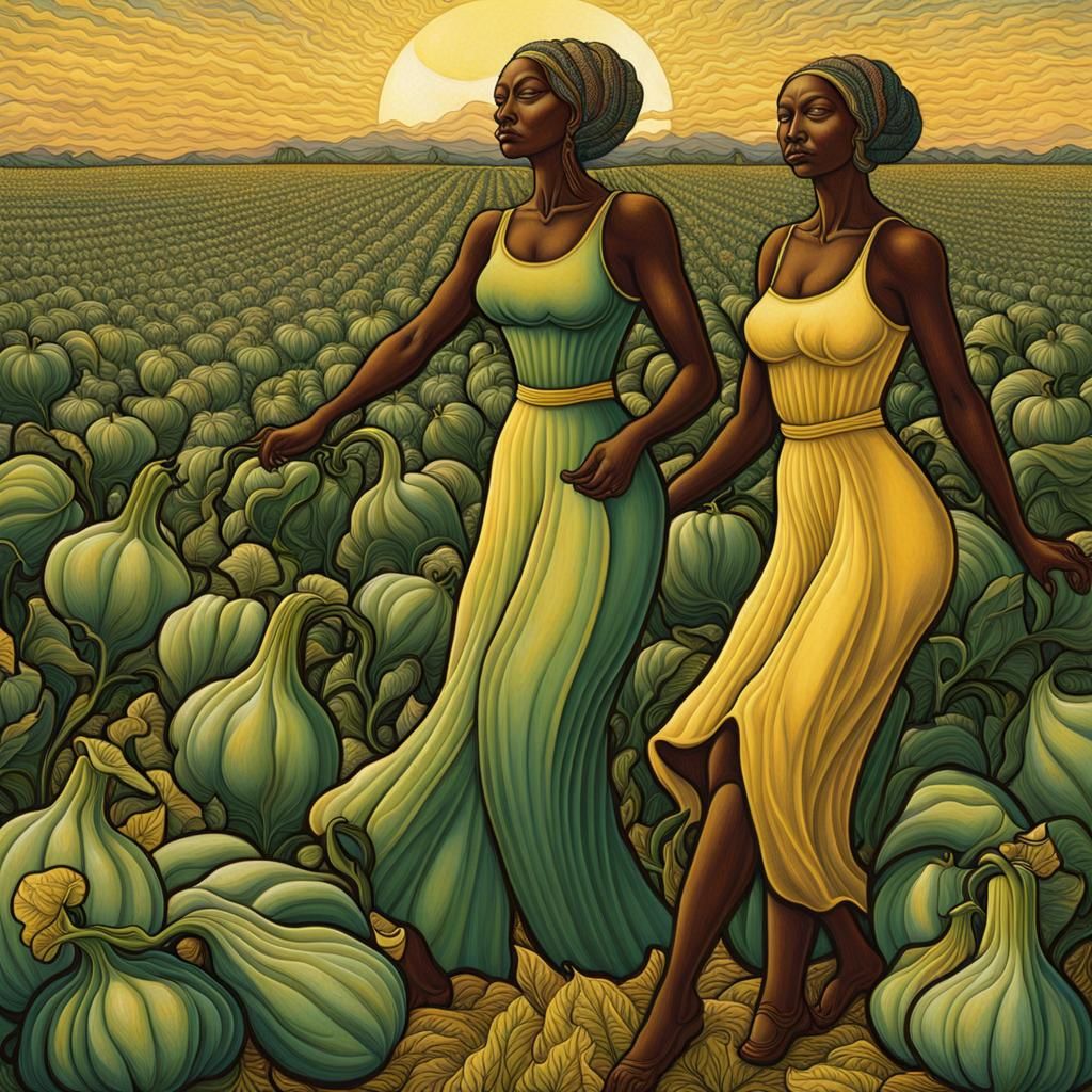 Dancing Women in Squash Field, Art Deco Style