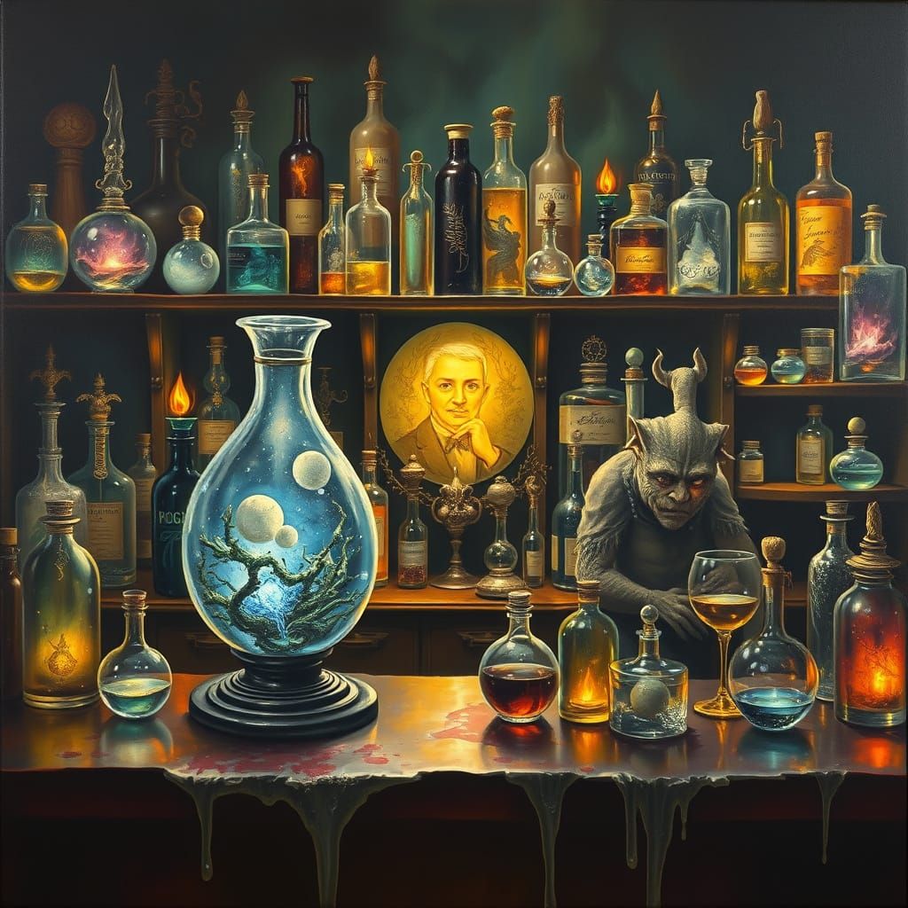 Surrealist Potion Shop Scene with Eerie Glow