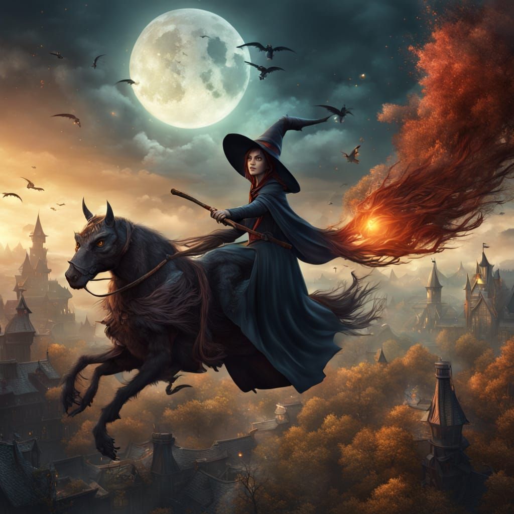 Witch Flying on Broomstick in Fantastical Matte Painting Sty...