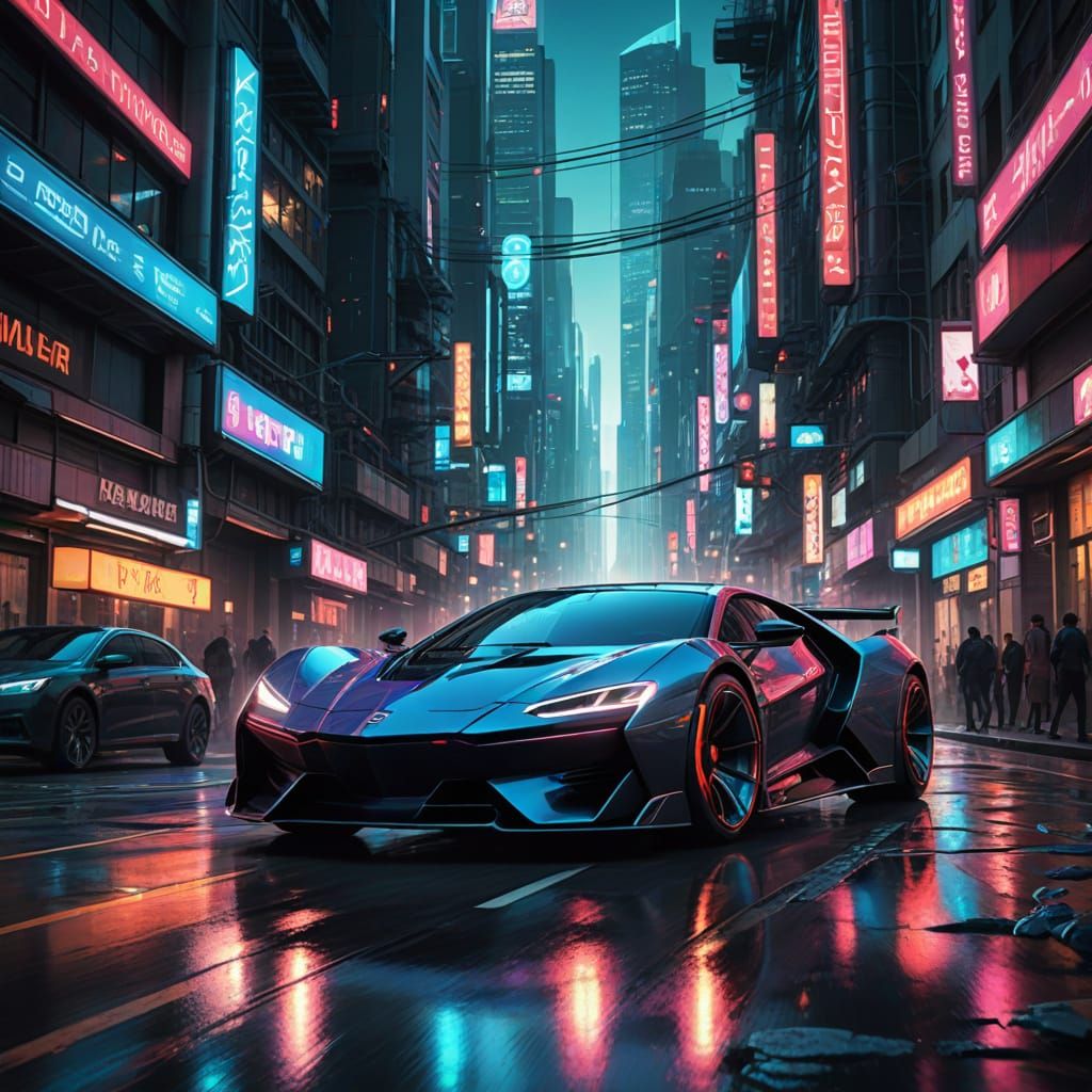 Cyberpunk Car in High-Speed Chase