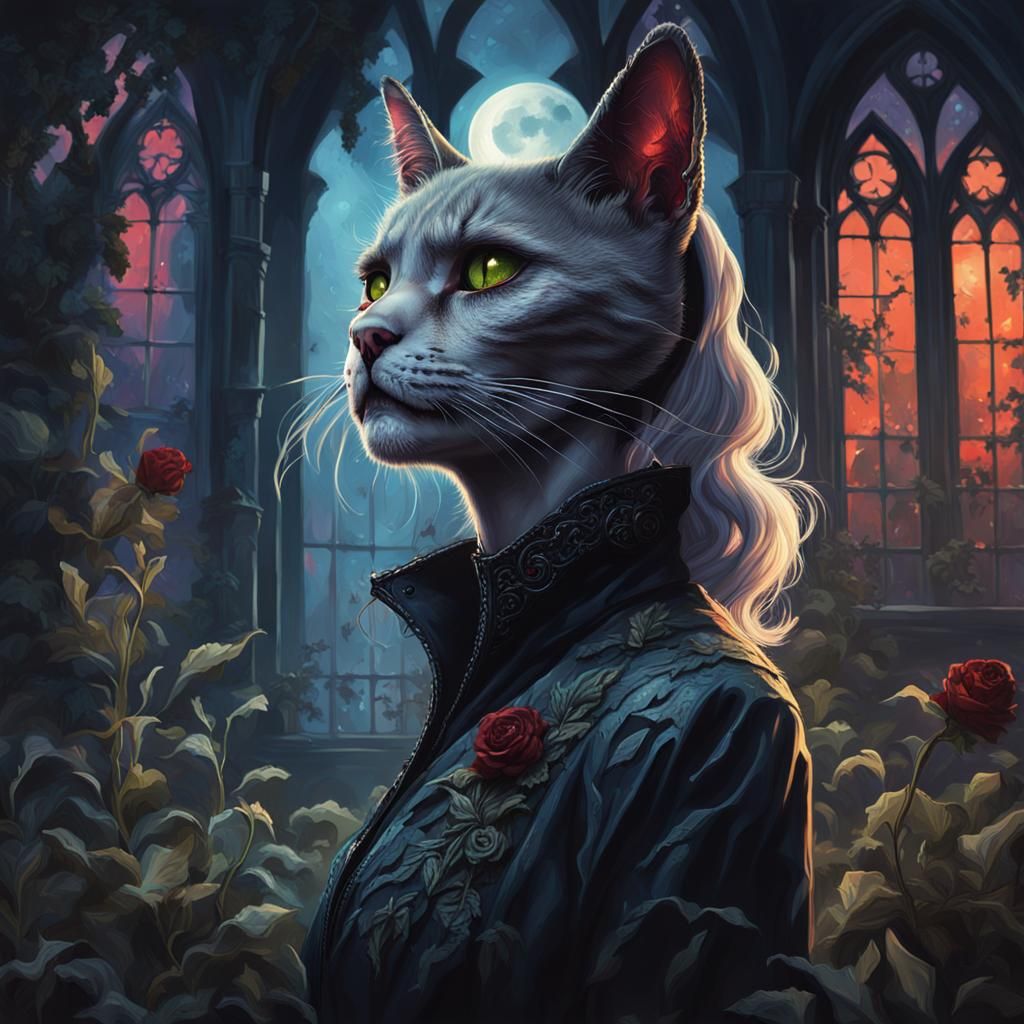 Zombie Vampire Cat Woman in Gothic Abbey Portrait